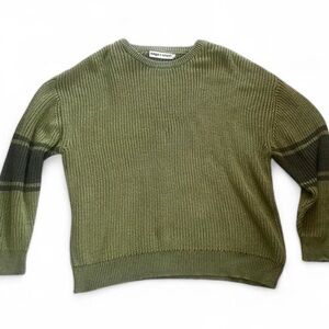 Sage + Steel Olive Green with Grey Stripes Ribbed Crewneck Sweater Size XL